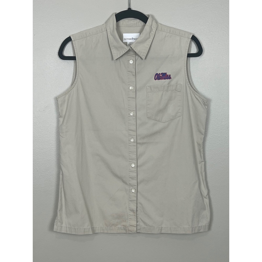 Vintage Cutter‎ & Buck Ole Miss Sleeveless Button Down Shirt Khaki Tan Womens M